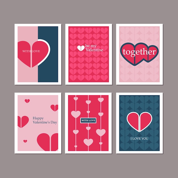 Conjunto de tarjetas de feliz día de San Valentín en diseño minimalista de estilo plano.