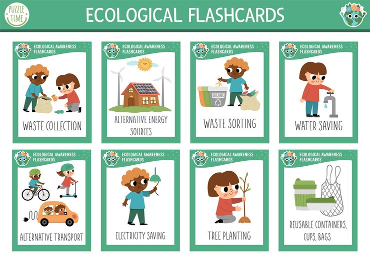 Vector conjunto de tarjetas flash vectoriales con niños que se preocupan por el medio ambiente juego de lenguaje inglés ecológico tarjetas flash de concienciación ecológica para niños ficha de trabajo educativa simple imprimibleetxa