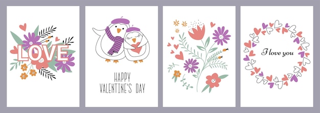 Conjunto de tarjetas florales de felicitación feliz día de san valentín. dos pingüinos enamorados tienen un corazón. plantillas para carteles, publicaciones en redes sociales, aplicaciones móviles, anuncios, web.