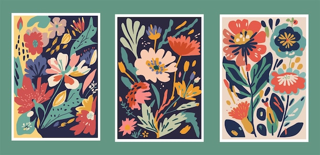 Conjunto de tarjetas florales con flores abstractas Ilustración de vector dibujado a mano