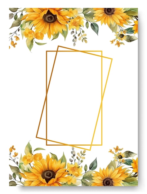 Vector conjunto de tarjetas florales de girasol amarillo acuarela dibujada a mano plantilla de invitación de boda con borde floral