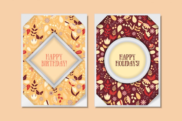 Conjunto de tarjetas florales lindo doodle vintage. colección para vacaciones especiales. tarjeta de felicitación o guardar la fecha o feliz cumpleaños con flores de colores. ilustración vectorial