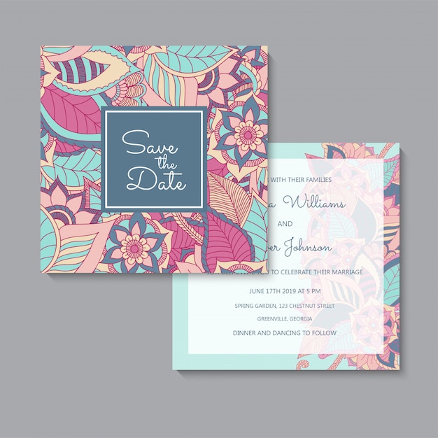 Vector conjunto de tarjetas florales rosa y azul de plantilla de boda floral