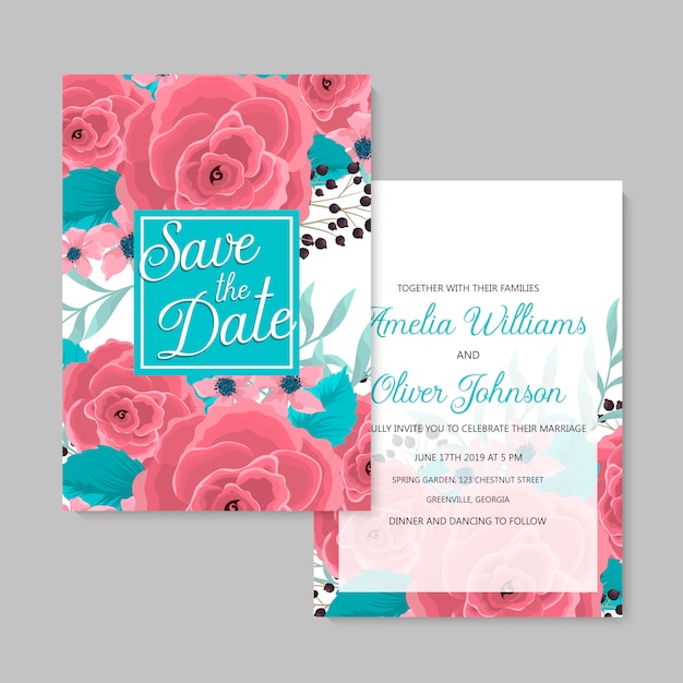 Conjunto de tarjetas florales rosa de plantilla de boda floral