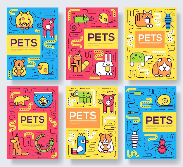 Conjunto de tarjetas de folleto de línea fina de mascotas caseras lindas. Plantilla animal de flyear, revistas, carteles.