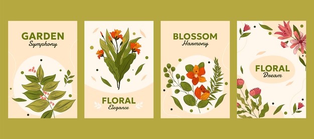 Conjunto de tarjetas de grabado floral plano dibujado a mano