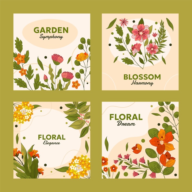 Conjunto de tarjetas de grabado floral plano dibujado a mano