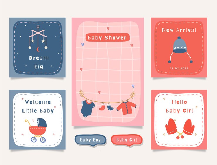 Conjunto de tarjetas con gráfico de tema de ducha de bebé linda ilustración para diario, pegatina y álbum de recortes.