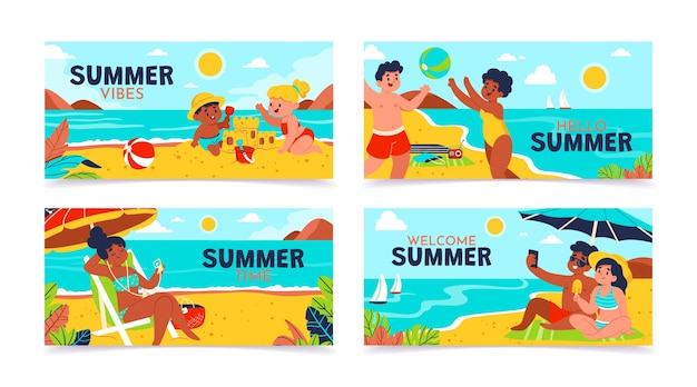 Vector conjunto de tarjetas horizontales planas de verano dibujadas a mano