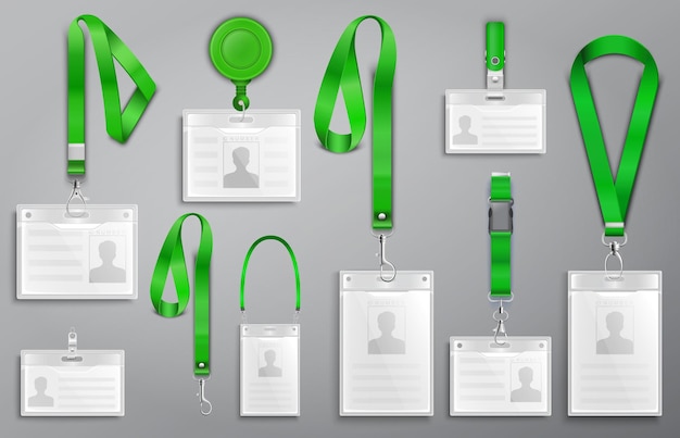 Conjunto de tarjetas de identificación de insignias realistas en cordones verdes con clips de correa, cordón y broches, ilustración vectorial