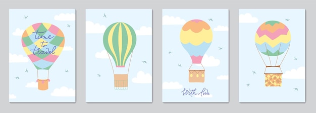 Conjunto de tarjetas con ilustración vectorial de paisaje con globos aerostáticos en el cielo