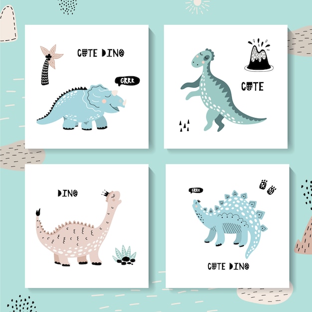 Conjunto de tarjetas infantiles con dinosaurios. Lindo dino.