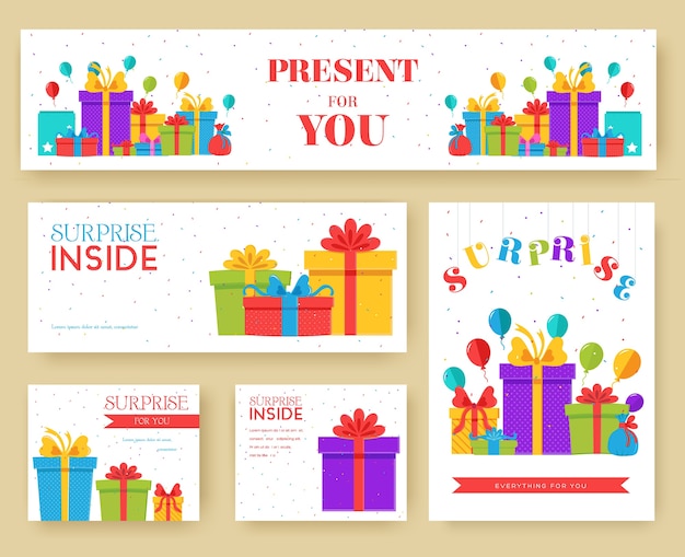 Conjunto de tarjetas de información de regalo. Plantilla sorpresa de flyear, revistas, carteles, portada de libros, pancartas.