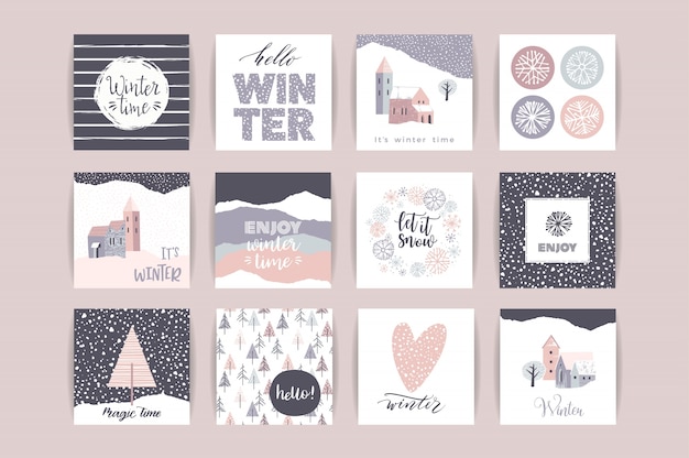 Conjunto de tarjetas de invierno creativas artísticas