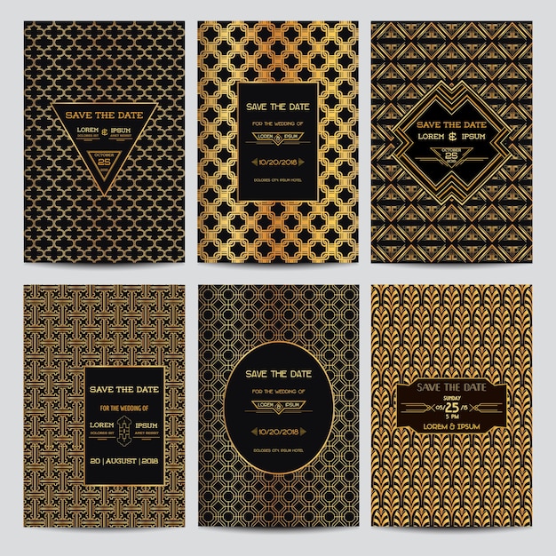 Conjunto de tarjetas de invitación de boda - Ahorre la fecha - Estilo Art Deco Vintage