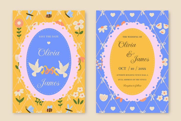 Conjunto de tarjetas de invitación de boda dibujadas a mano con flores de época