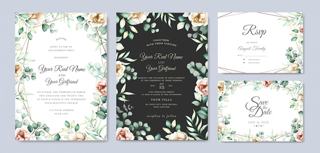 conjunto de tarjetas de invitación de boda de eucalipto acuarela