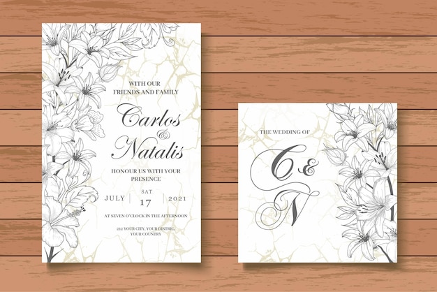 Conjunto de tarjetas de invitación de boda floral con dibujo a mano elegante