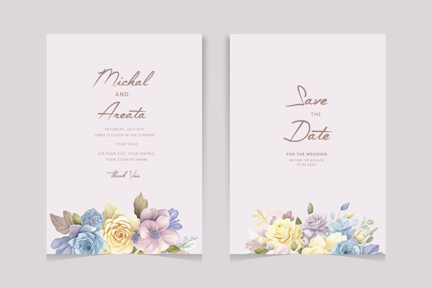 Conjunto de tarjetas de invitación de boda florales dibujadas a mano