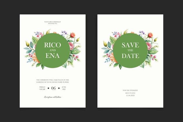 Conjunto de tarjetas de invitación de boda florales dibujadas a mano