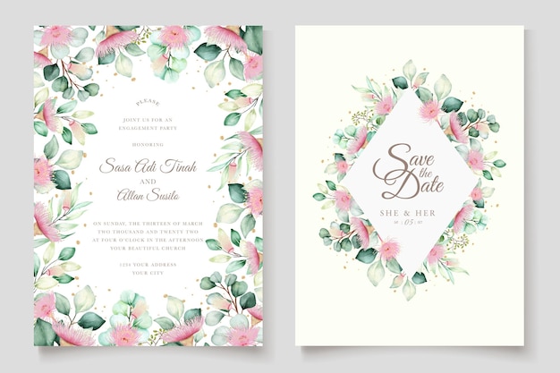 conjunto de tarjetas de invitación de boda con flores de eucalipto