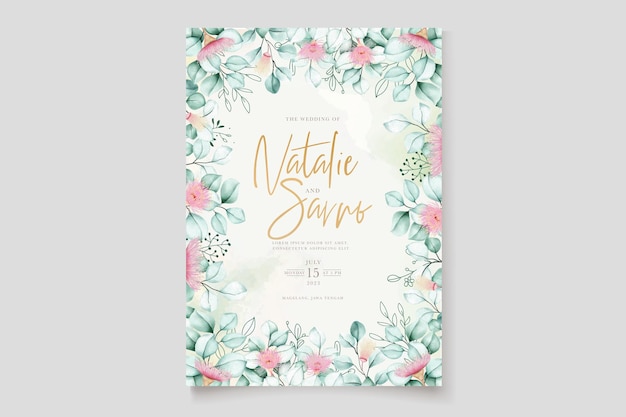 conjunto de tarjetas de invitación de boda de flores y hojas de eucalipto