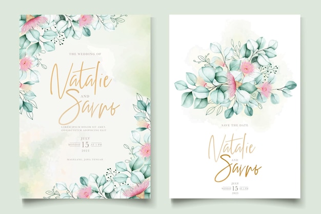 conjunto de tarjetas de invitación de boda de flores y hojas de eucalipto