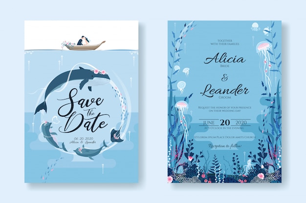 Conjunto de tarjetas de invitación de boda, guardar la plantilla de fecha. Sealife, bajo la imagen del mar.