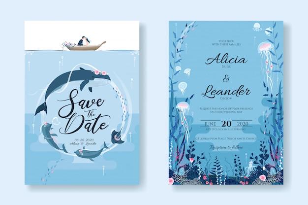 Vector conjunto de tarjetas de invitación de boda, guardar la plantilla de fecha. sealife, bajo la imagen del mar.