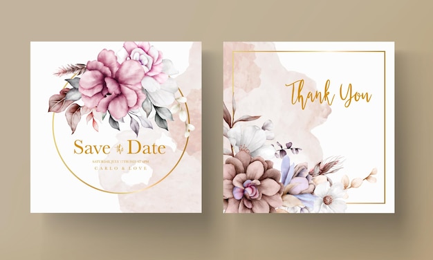 Vector conjunto de tarjetas de invitación de boda con hermosas flores corona