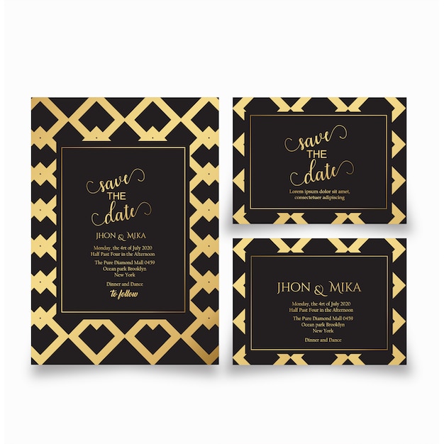 Conjunto de tarjetas de invitación de boda de negro y oro