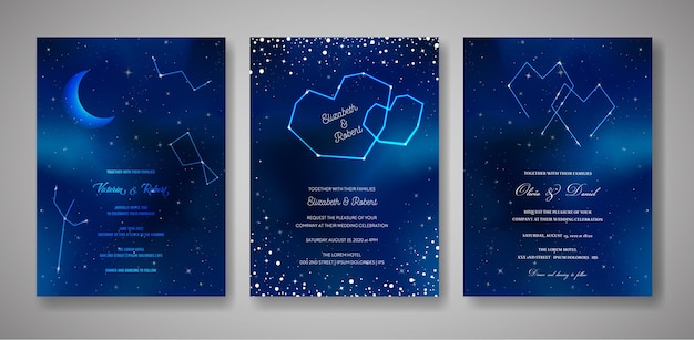 Conjunto de tarjetas de invitación de boda de noche estrellada, guardar la plantilla celestial de fecha de galaxia, espacio, estrellas, ilustración de cielo de moda en vector