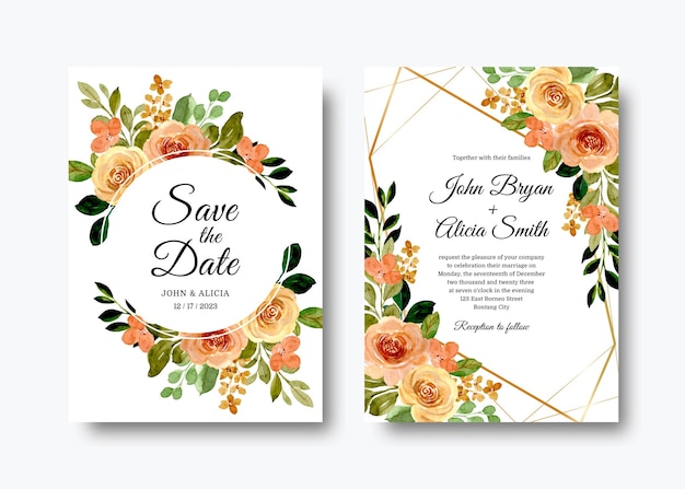 Conjunto de tarjetas de invitación de boda con rosas acuarelas