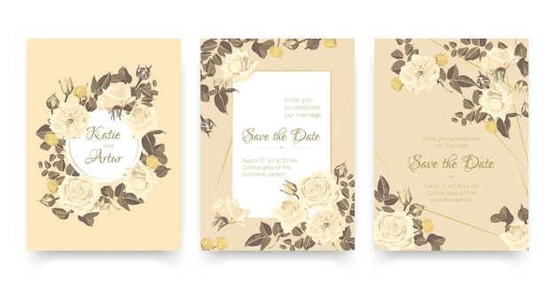 Vector conjunto de tarjetas de invitación de boda con rosas elegantes