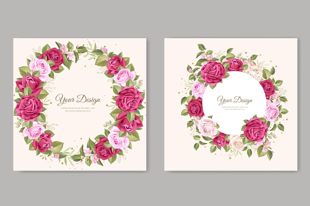 Conjunto de tarjetas de invitación de boda de rosas granate dibujadas a mano