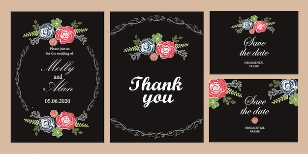 Vector un conjunto de tarjetas de la invitación de la boda con las rosas. plantilla para las invitaciones con el fondo negro.