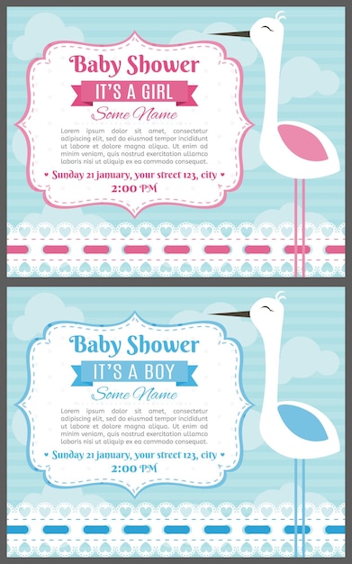 Conjunto de tarjetas de invitación para la ducha de bebé Marco de bebé con cochecito y pegatinas en fondo a rayas