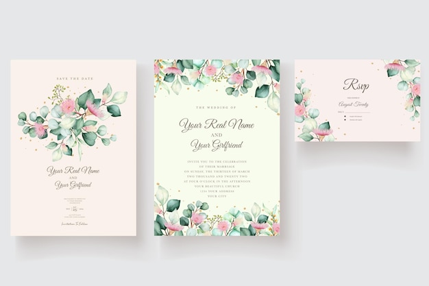 conjunto de tarjetas de invitación floral y hojas dibujadas a mano
