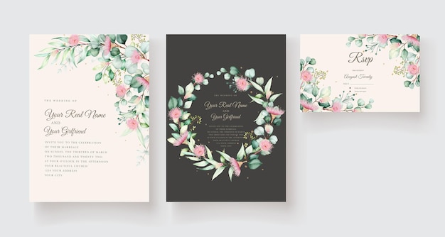 conjunto de tarjetas de invitación floral y hojas dibujadas a mano