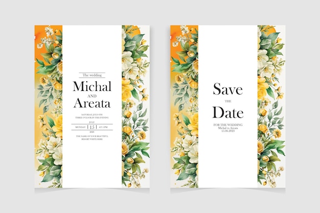 Conjunto de tarjetas de invitación florales de boda dibujadas a mano