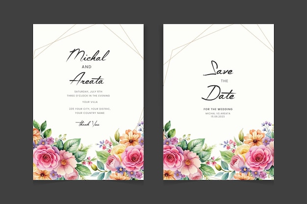Conjunto de tarjetas de invitación florales de boda dibujadas a mano