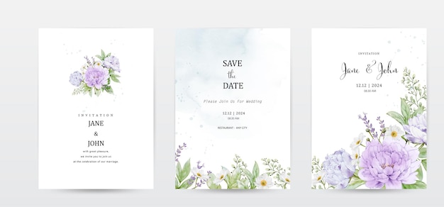 Vector conjunto de tarjetas de invitación con flores y hojas acuarela