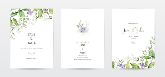 Vector conjunto de tarjetas de invitación con manchas botánicas y acuarelas