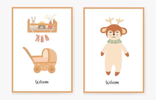 Conjunto de tarjetas de invitación para niños con un lindo ciervo y el interior de la guardería un cochecito