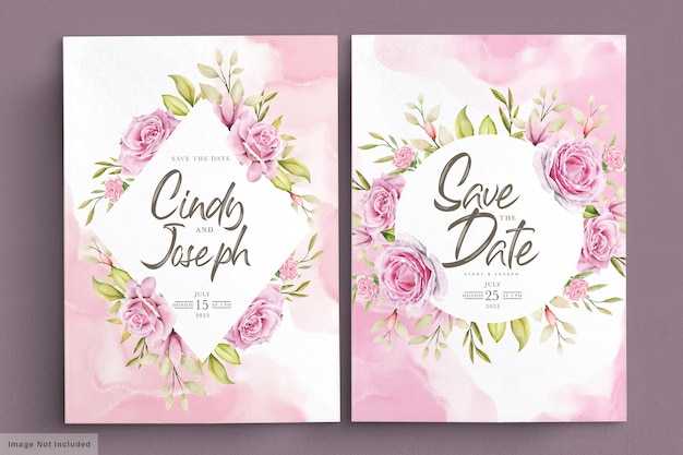 Vector conjunto de tarjetas de invitación de rosas rosadas acuarela