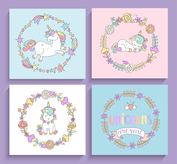 Vector conjunto de tarjetas mágicas de unicornios con marcos de círculo.