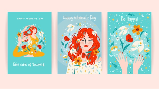 Vector conjunto de tarjetas con mujeres, flores y pájaros concepto de diseño vectorial para el día internacional de la mujer