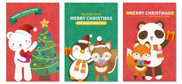 Conjunto de tarjetas de navidad animales con regalos deseando feliz navidad | Vector Premium Conjunto de tarjetas de navidad animales con regalos deseando feliz navidad | Vector Premium