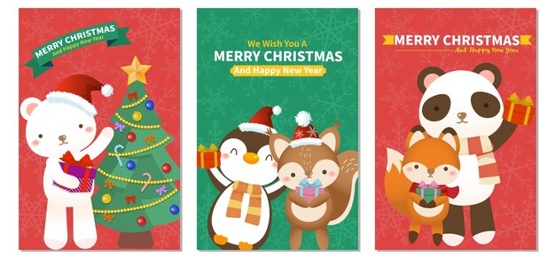 Conjunto de tarjetas de navidad animales con regalos deseando feliz navidad