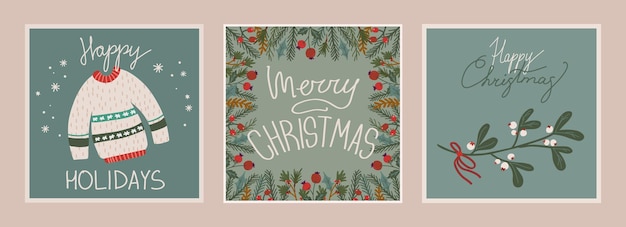 Conjunto de tarjetas de navidad y año nuevo con ilustraciones dibujadas a mano de símbolos navideños en estilo retro